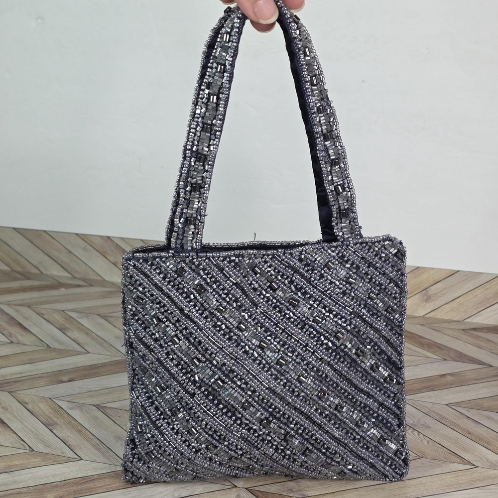 Vintage Y2K Beaded Small Evening Bag BEBE Gray Silver Handbag Made In India